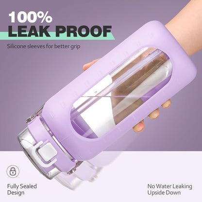 BLUEGO 64oz Purple Glass Water Bottle with Stainless Steel Handle, Time Markers, Silicone Sleeve - BPA Free for Gym, Daily Use, Workout, Travel, Camping, Sports