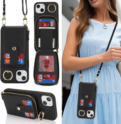 SunYoo for iPhone 13 / iPhone 14 Case Crossbody Shoulder Wallet Leather Cover with Card Holders Rotatable Ring Holder Kickstand Wristlet Long Strap Lanyard Phone Case for iPhone14 iPhone13 Black