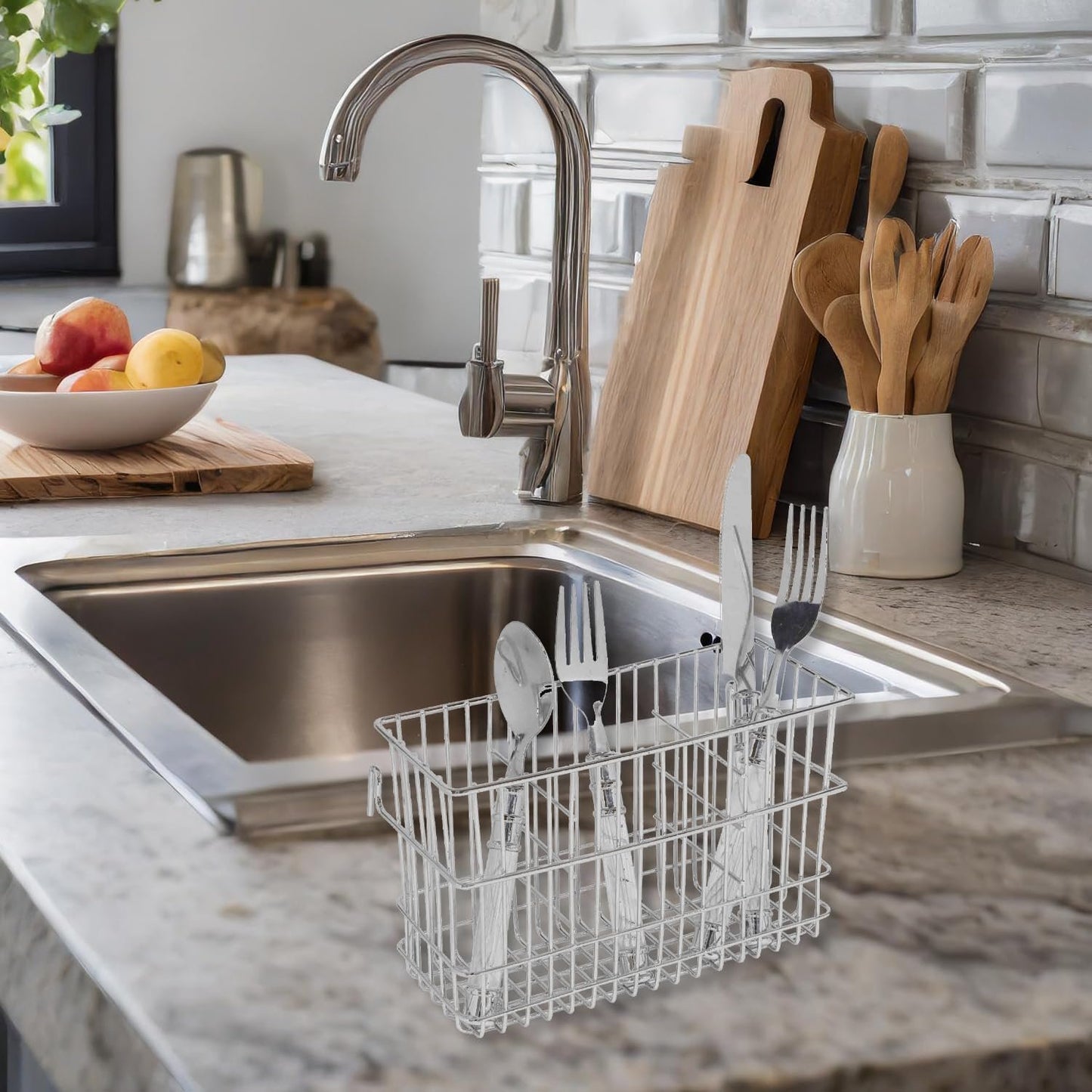Hanging Metal Wire Cutlery and Utensil Storage Organizer Bin for Kitchen, Pantry, Table and Countertop by Home Basics | Utensil Caddy Holds Forks, Knives, Spoons, Napkins - 3 Sections