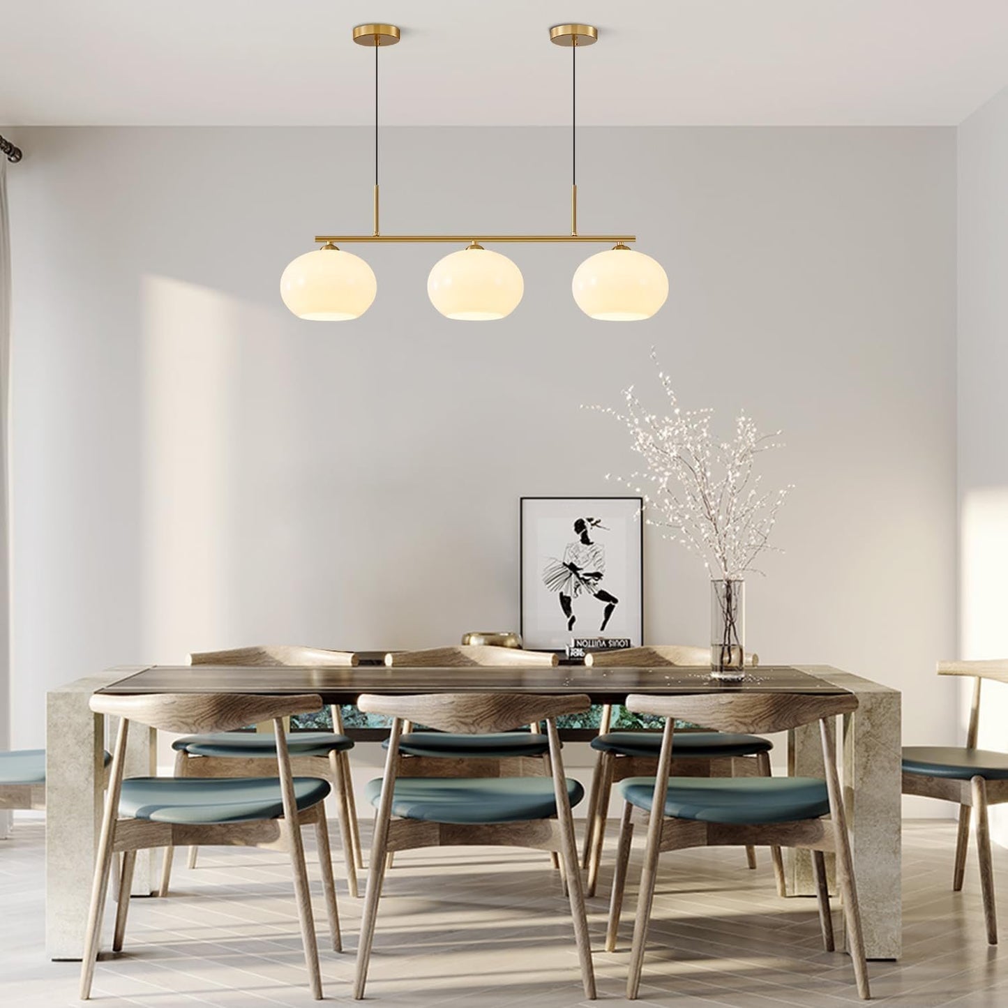 KCO Lighting 3 Light Linear Pendant Lighting Milk Glass Flush Mount Ceiling Light Brass Gold Chandelier Light Fixture Modern Globe Linear Chandelier Dining Room Dining Room Over Table
