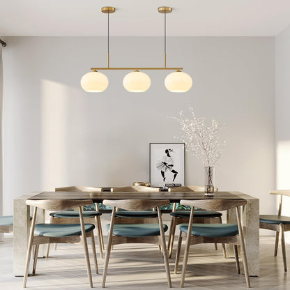 KCO Lighting 3 Light Linear Pendant Lighting Milk Glass Flush Mount Ceiling Light Brass Gold Chandelier Light Fixture Modern Globe Linear Chandelier Dining Room Dining Room Over Table