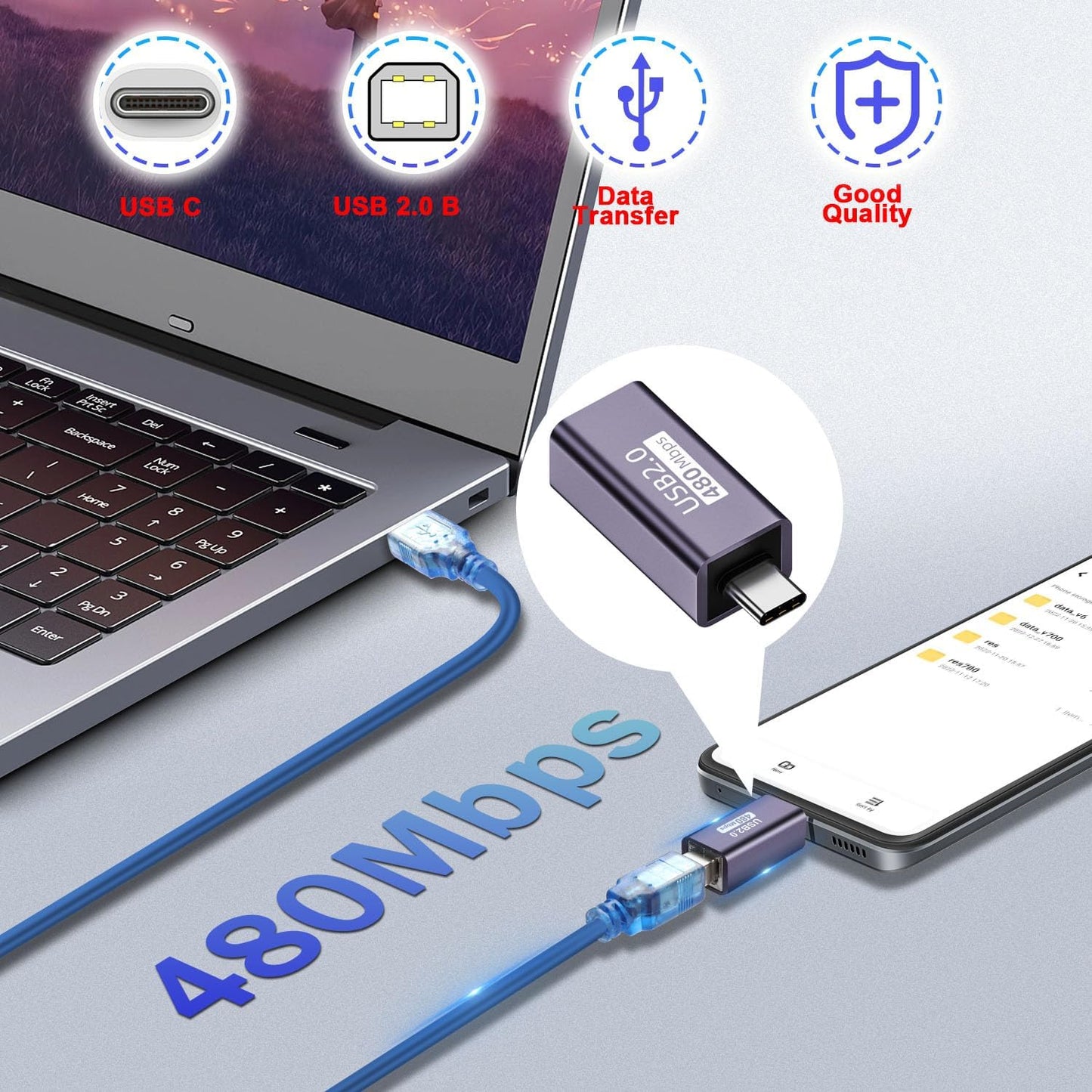 QIANRENON USB C Male to USB B Female Printer Adapter Type C Plug to MIDI Jack Electronic Music Connector 480Mbps 20W 9V2A Charging, Aluminum Case for Laptop Phone St