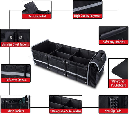 Versatile Car Trunk Organiser with Insulated Cooler Bag - Waterproof, Foldable Cover, Adjustable Straps - Ideal Car Accessories and Boot Organiser (Black, 4-in-1 w/Cooler)