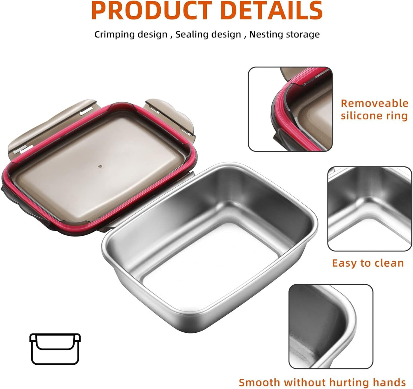 FAB4HOME Leak-proof Stainless Steel Food Storage Container Set of 3 Meal Prep Food Container with Lids Metal Fresh Storage Container for Freezer Oven Dishwasher Safe, 600ml/ 1500ml/ 2900ml Stackable