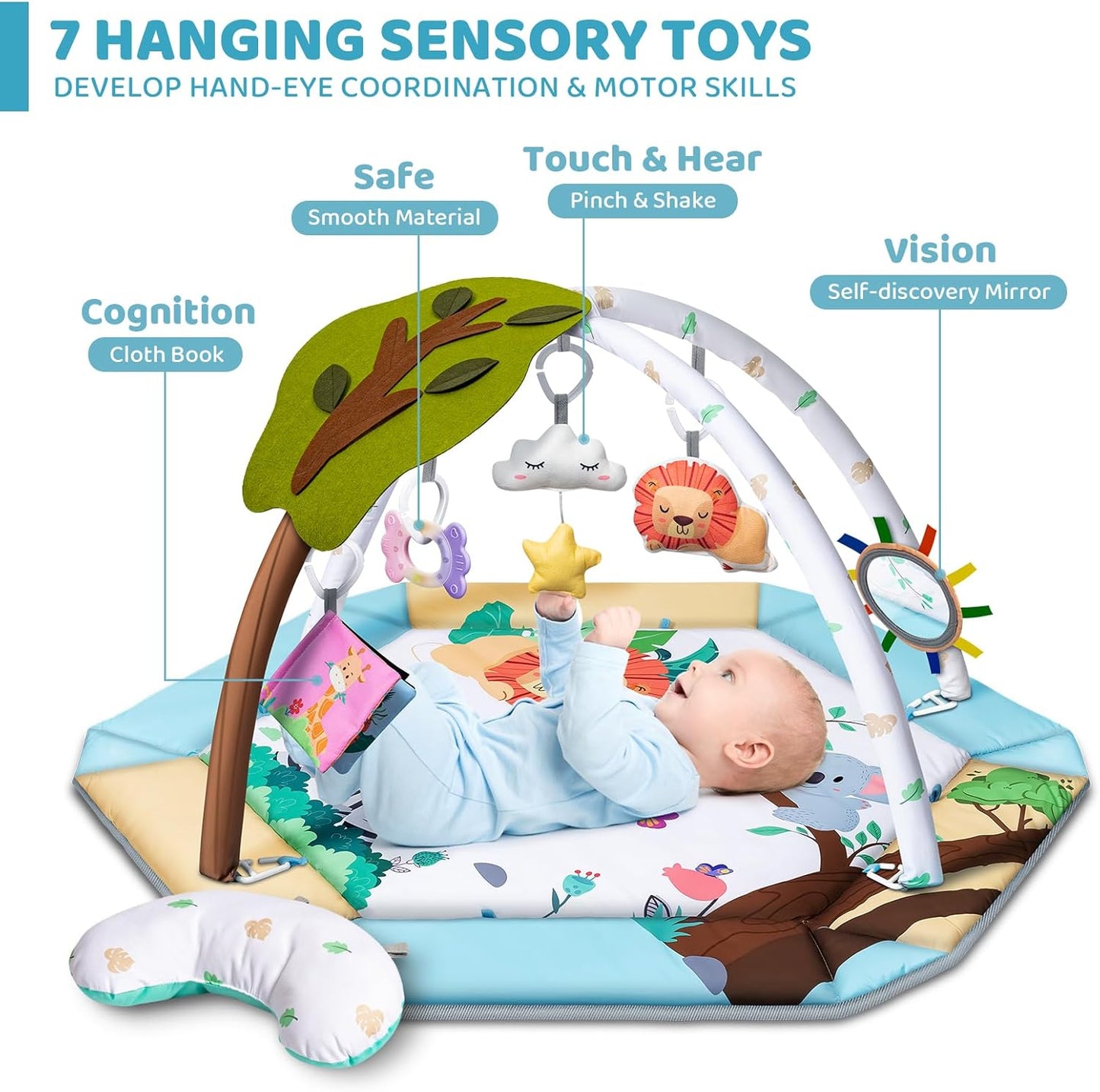Baby Gym Play Mat, 8-in-1 Tummy Time Mat & Ball Pit with 6 Toys, Washable Baby Activity Play Mat for Visual, Hearing, Sensory, Motor Development, Baby Toys Toddler Infant 0-3-6-9-12 Month