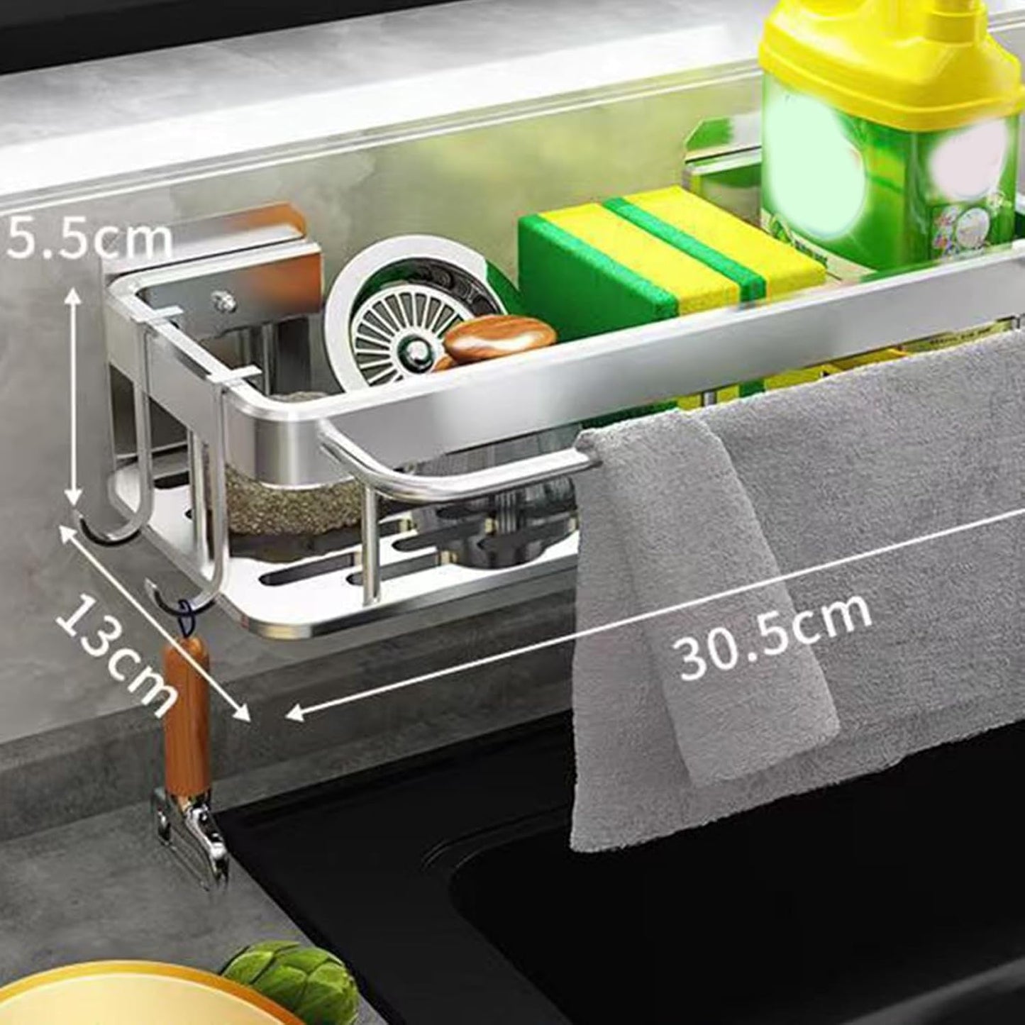 Gvblkq Kitchen Sink Organizer, Sponge Rack, No Drilling Installation, Compact Storage Basket, Brush Holder Design, Rust Resistant Material, for Sponges, Wipes, Cleaning Solution, 30.5x13x5.5cm