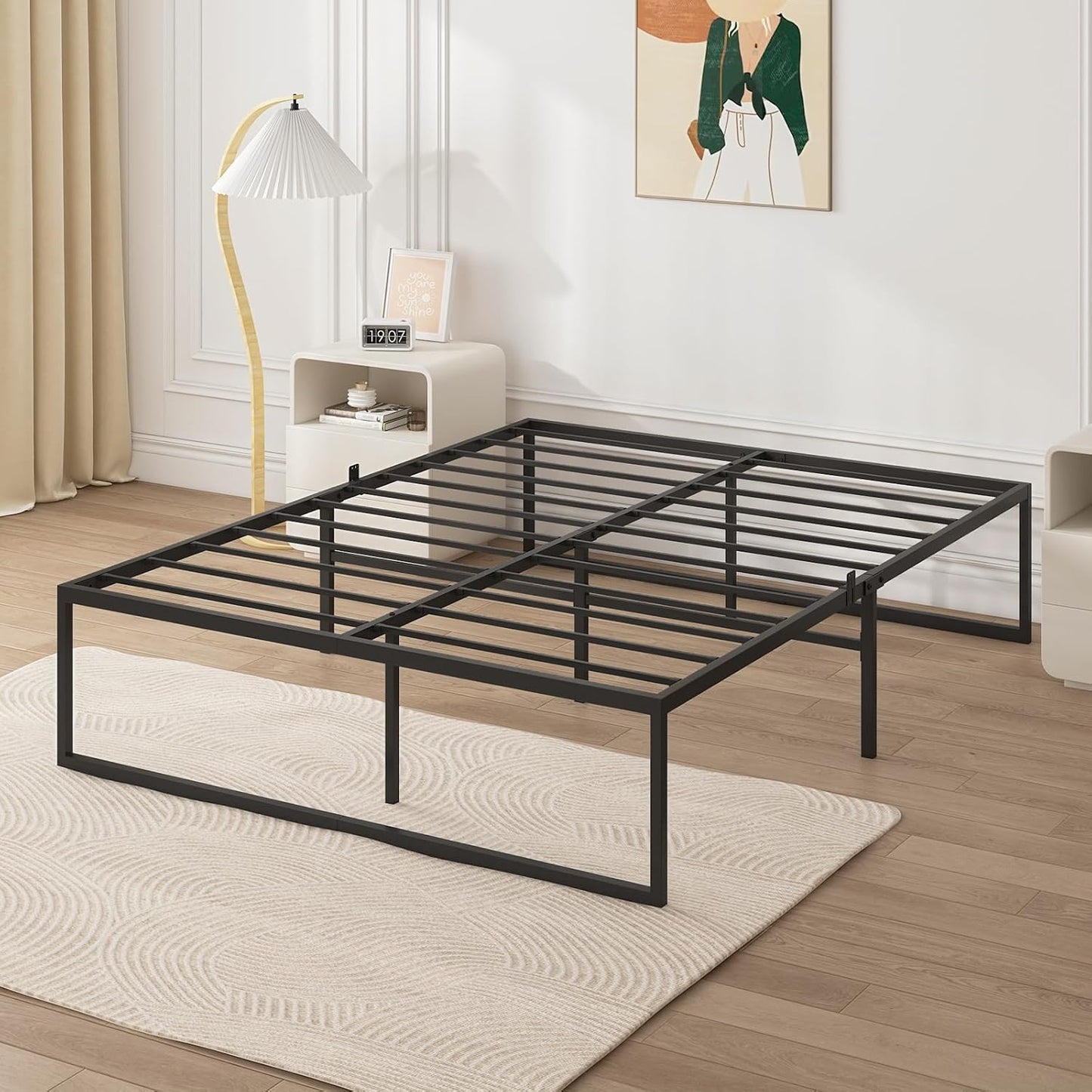 ADVWIN Bed Frame Double Size, All Metal Material Mattress Base, Large Storage Space Under Platform Bed with Bottom Crossbar, Black