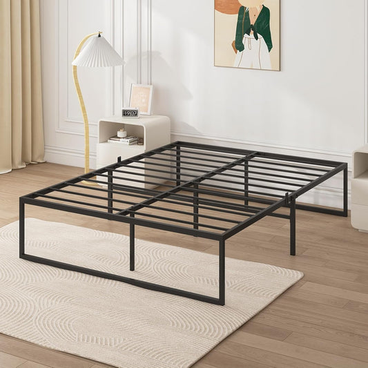 ADVWIN Bed Frame Double Size, All Metal Material Mattress Base, Large Storage Space Under Platform Bed with Bottom Crossbar, Black