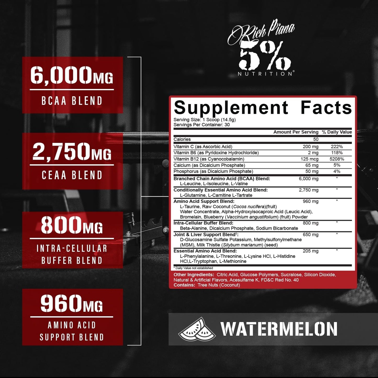 Rich Piana 5% Nutrition All Day You May - Watermelon Flavour -10:1:1 BCAA Post Workout Muscle & Joint Recovery Drink Supplement Powder, Essential Amino Acids, Sugar-Free, 435g, 30 Servings