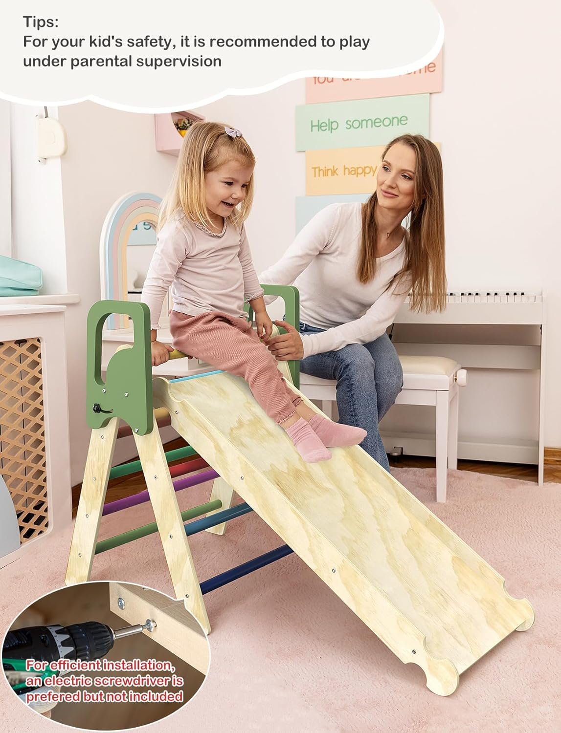 Pikler Triangle Set, 8-in-1 Indoor Jungle Gym with Kids Play Tunnel, Indoor Playground Jungle Gym for 1-3 Years Old, Wooden Montessori Climbing Set with Arch, Ramp & Ladder for Toddlers, Kids(S)