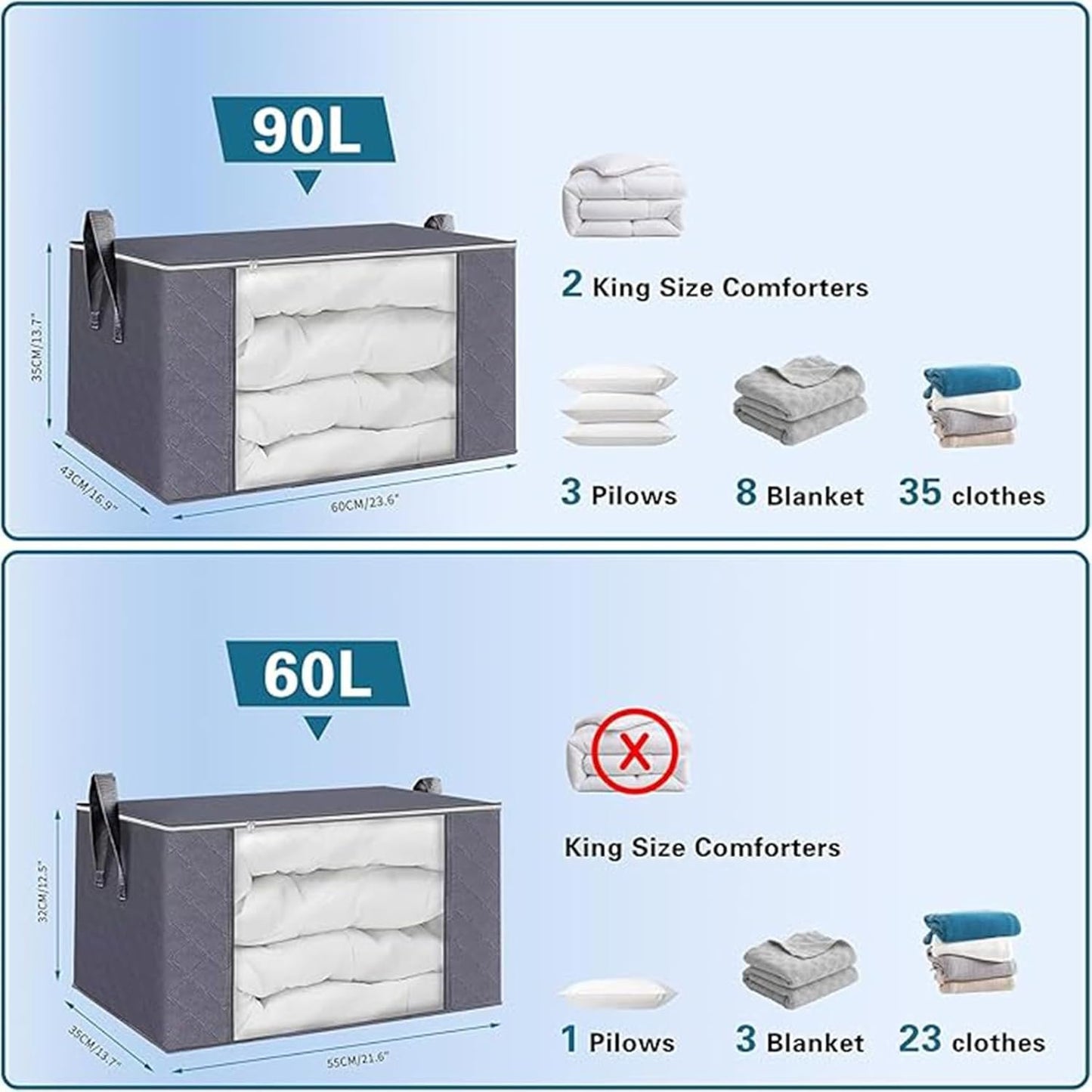 90L Large Storage Bags, 6 Pack Closet Organizers and Storage, Clothes Foldable Storage Bins with Reinforced Handles,Clear Window Sturdy Storage Containers for Clothing, Blanket, Comforters,Bedding