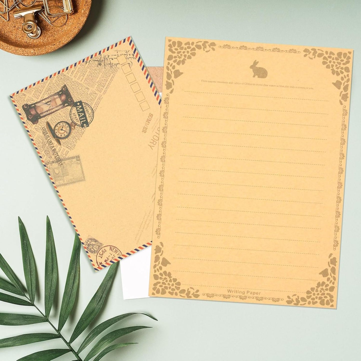 KSIWRE 48 PCS Vintage Style Stationery Paper and Envelopes Set, 32 PCS Lined Stationary Writing Paper with 16 PCS Envelopes, Old Looking Paper Antique Paper for Writing Letters Party Invitations
