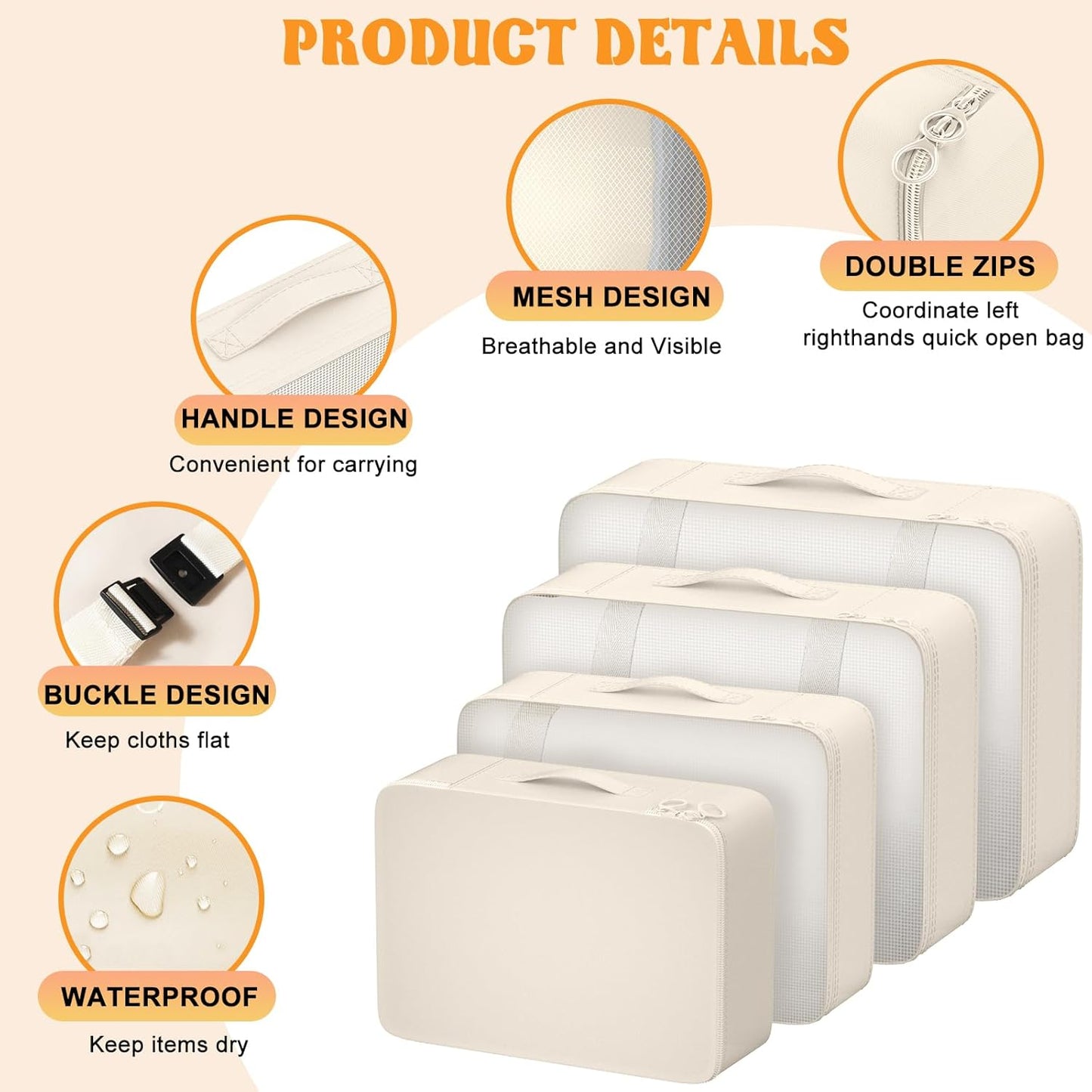 Suitcase Organizer 8 Piece (Beige) Space Saving Suitcase Organizer Set Suitcase Packing Cubes Suitcase Organizer Suitcase Compression
