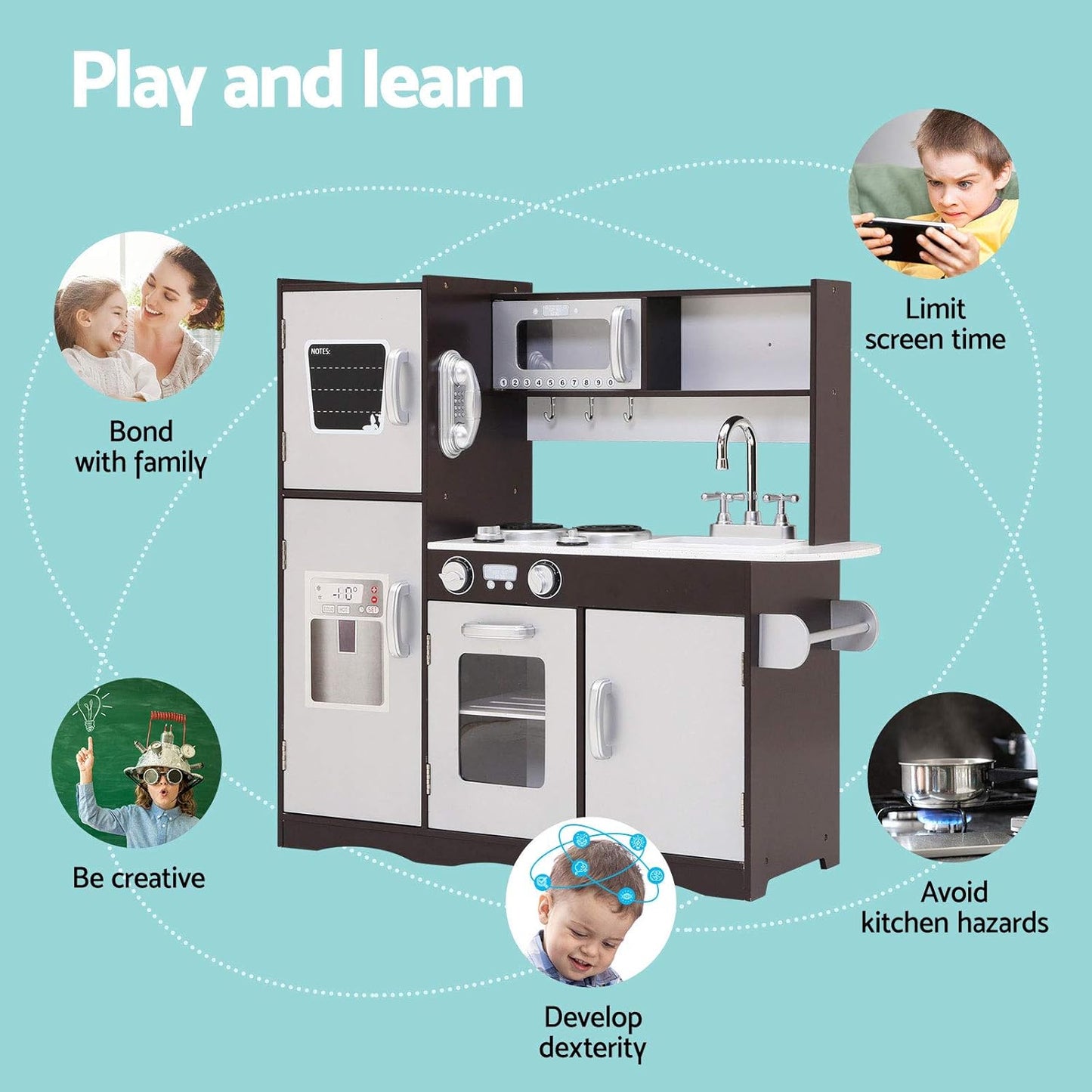 Keezi Kids Kitchen Set Pretend Play Food Playset Wooden Toys Mud Kitchens Children Cooking Cookware Sets Toy Home Cubby House Furniture for Boys Girls, Easy Cleaning White