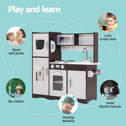 Keezi Kids Kitchen Set Pretend Play Food Playset Wooden Toys Mud Kitchens Children Cooking Cookware Sets Toy Home Cubby House Furniture for Boys Girls, Easy Cleaning White