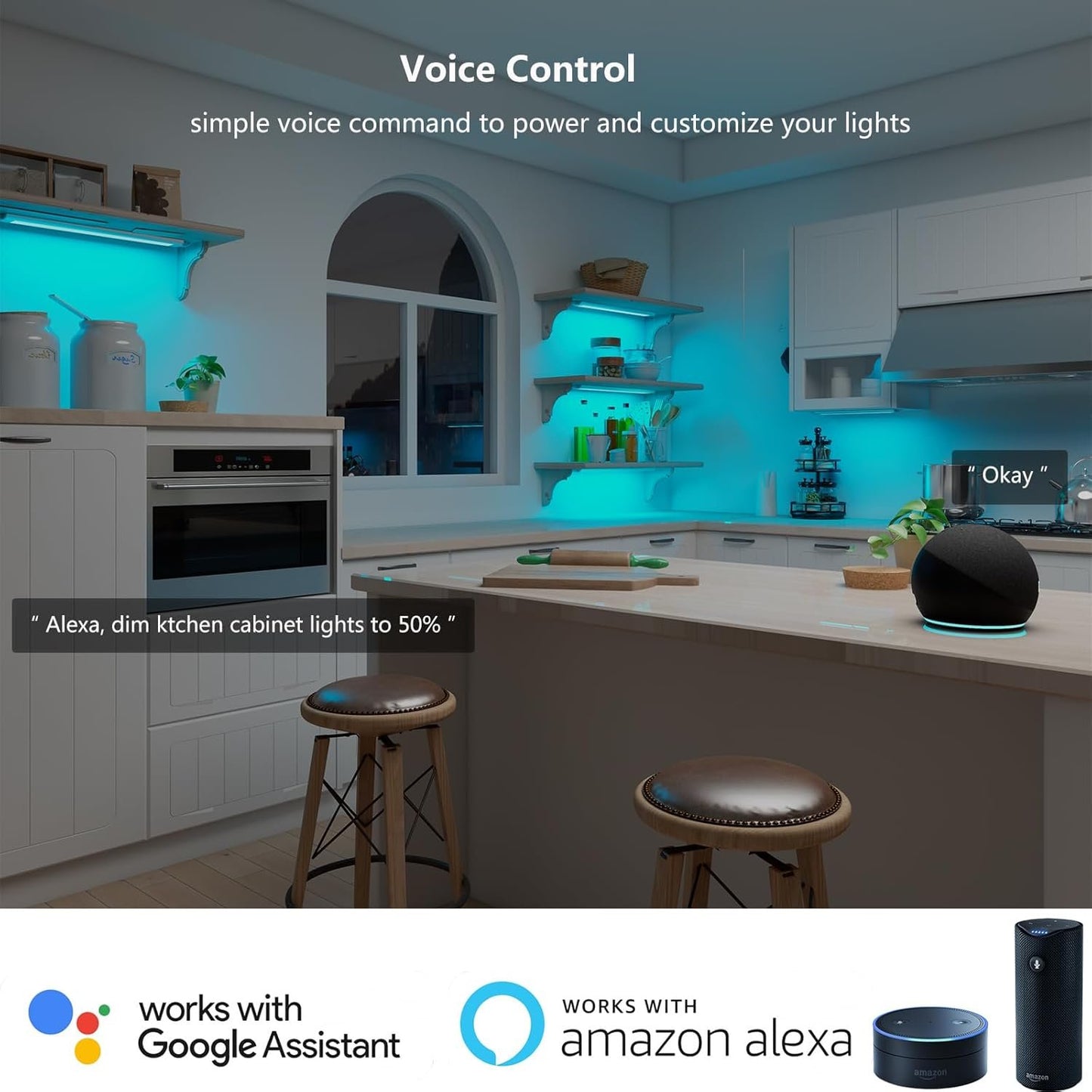 Smart Under Cabinet Lighting White & Multicolor LED Strip Lights Dimmable Works with Alexa,Google Home,Smart APP Remote Control RGB Kitchen Lamp Plug in for Under Counter Light Fixtures,6pcs