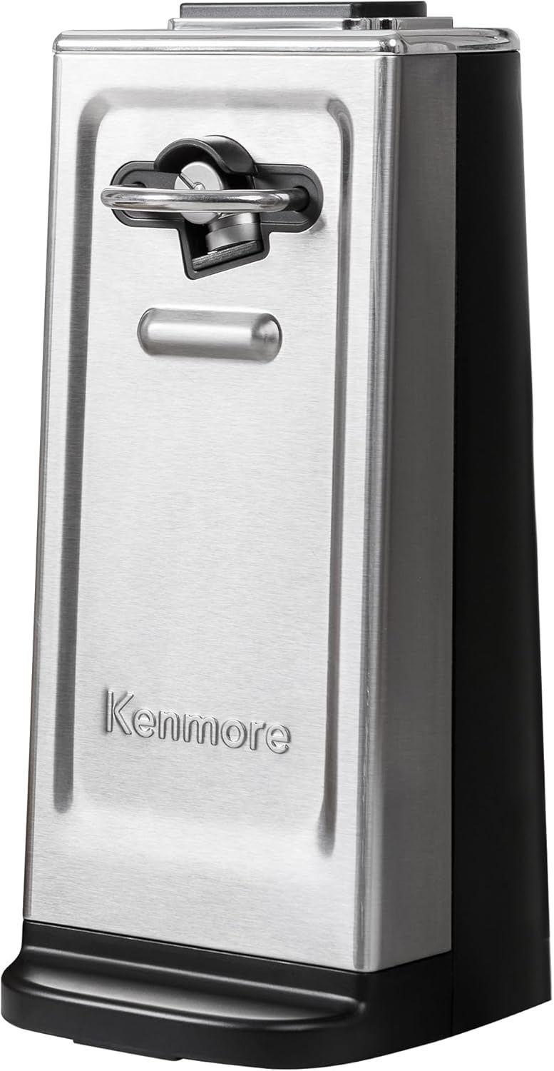 Kenmore Electric Can Opener - Extra-Tall, Smooth-Touch Side-Cut Blade, Safe Storage, Automatic Operation, Opens Regular & Pop-Top Cans, Camping Tool, Kitchen Gadget, Secure Grips, Black & Steel