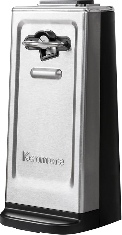 Kenmore Electric Can Opener - Extra-Tall, Smooth-Touch Side-Cut Blade, Safe Storage, Automatic Operation, Opens Regular & Pop-Top Cans, Camping Tool, Kitchen Gadget, Secure Grips, Black & Steel