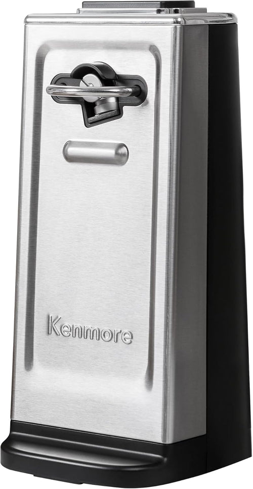 Kenmore Electric Can Opener - Extra-Tall, Smooth-Touch Side-Cut Blade, Safe Storage, Automatic Operation, Opens Regular & Pop-Top Cans, Camping Tool, Kitchen Gadget, Secure Grips, Black & Steel