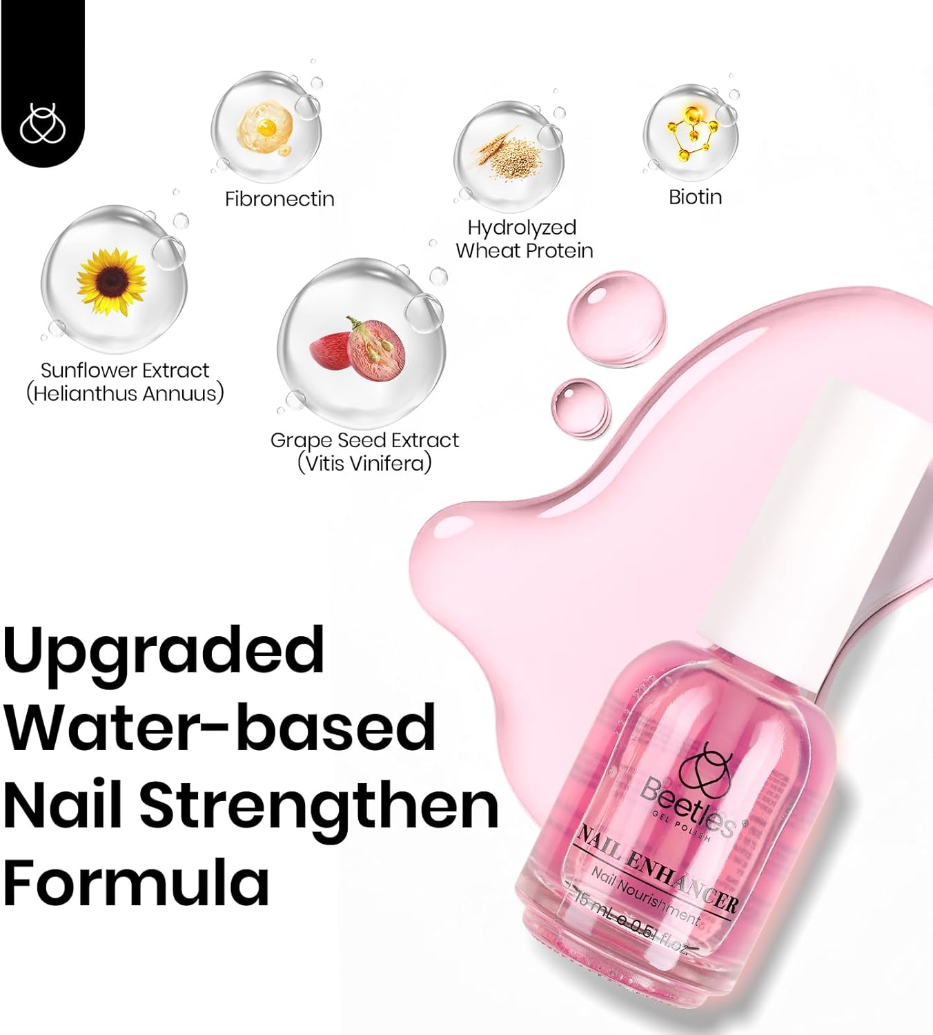 Beetles Nail Strengthener for Damaged Nails Weak Nails and Growth, Treatment Repair Damaged Nails，Strengthens Nail Care Polish, Glow and Shine 15ML Natural Pink