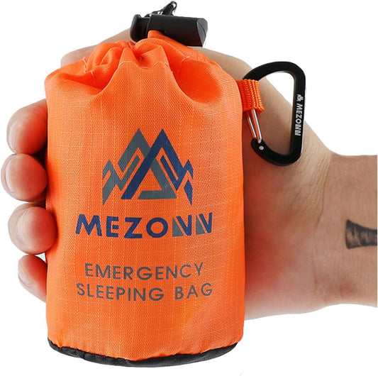 Mezonn PE Emergency Sleeping Bag Survival Bivy Sack- Use as Emergency Space Blanket, Lightweight Sleeping Bag, Survival Gear for Outdoor, Hiking, Camping - Includes Nylon Sack with Carabiner