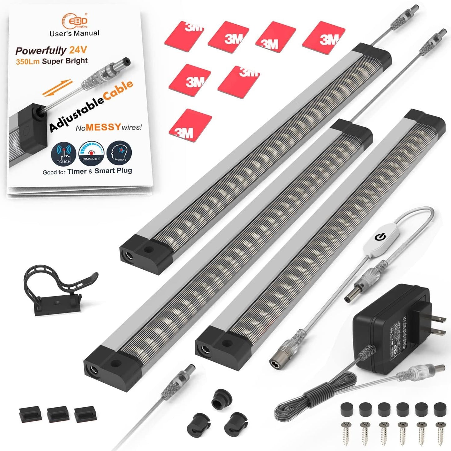 LED light Bar Built-in ADIUSTABLE Cable Under Cabinet Lights No MESSY Wires! Super Bright Kitchen Under Counter Lights 3 Panels 1050Lm 3000K Warm White under cabinet lighting Good for Timer Smart Plug