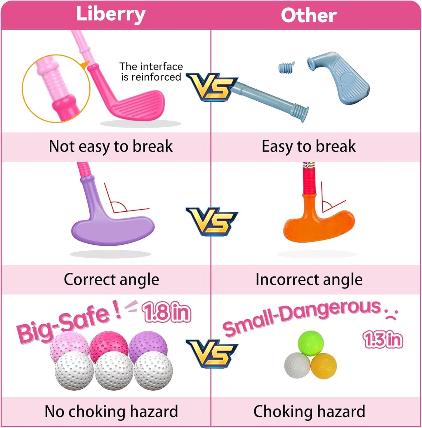 Liberry Toddler Golf Set for 2 3 4 5 Years Old, Upgraded Kids Golf Cart with Unique Shoulder Strap Design, Indoor and Outdoor Golf Toys for Boys Girls (Pink)