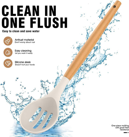 Silicone Kitchen Utensils Set, Silicone Kitchen Utensils for Cooking Wooden Handles, Heat Resistant Up to 230℃, Kitchen Spatula Set with Stand, Cookware Gadgets