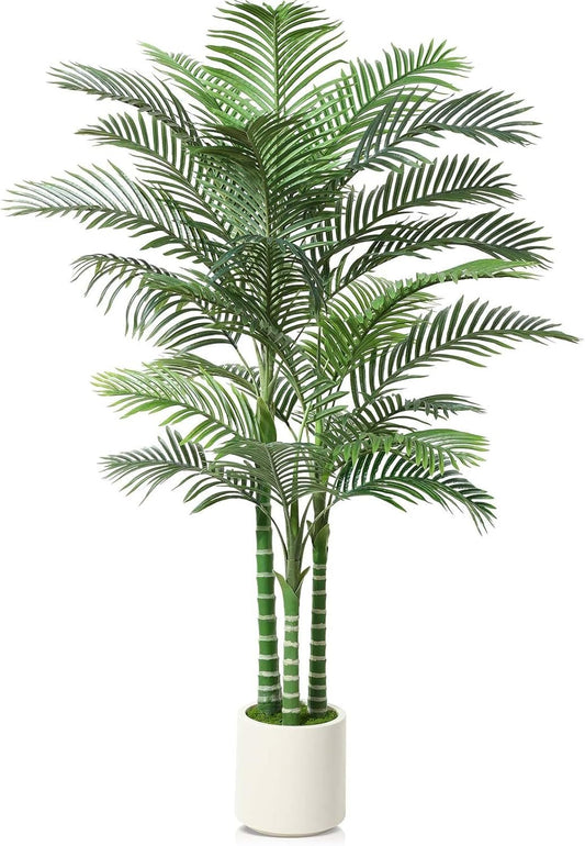 OAKRED Artificial Palm Tree, 7FT Fake Tree for Indoor,Faux Golden Cane Palm Tree with White Planter and Fake Moss, Fake Tropical Plant for Home Decor Office Porch