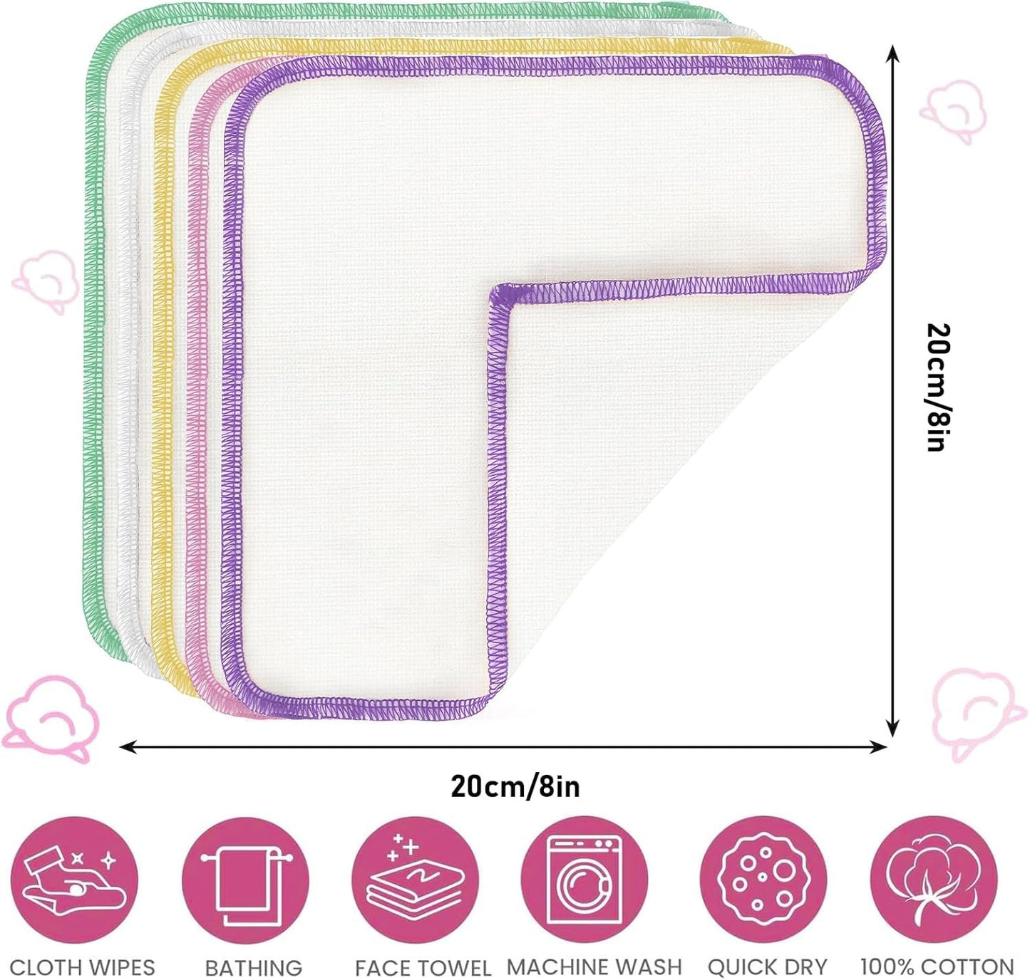 100 Pack Flannel Cloth Baby Wipes with Dispenser Reusable Baby Wipes Washable Natural Soft and Skin-Friendly Cloth Wipes Reusable Tissues Hand Washcloth for Cloth Diapers 8x8 Inch