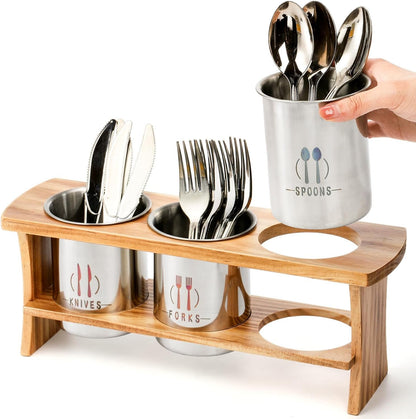 Lyellfe Silverware Holder for Countertop, Stainless Steel Cutlery Utensil Organizer with Bamboo Stand, Rustic Flatware Holder for Spoon, Fork, and Knife