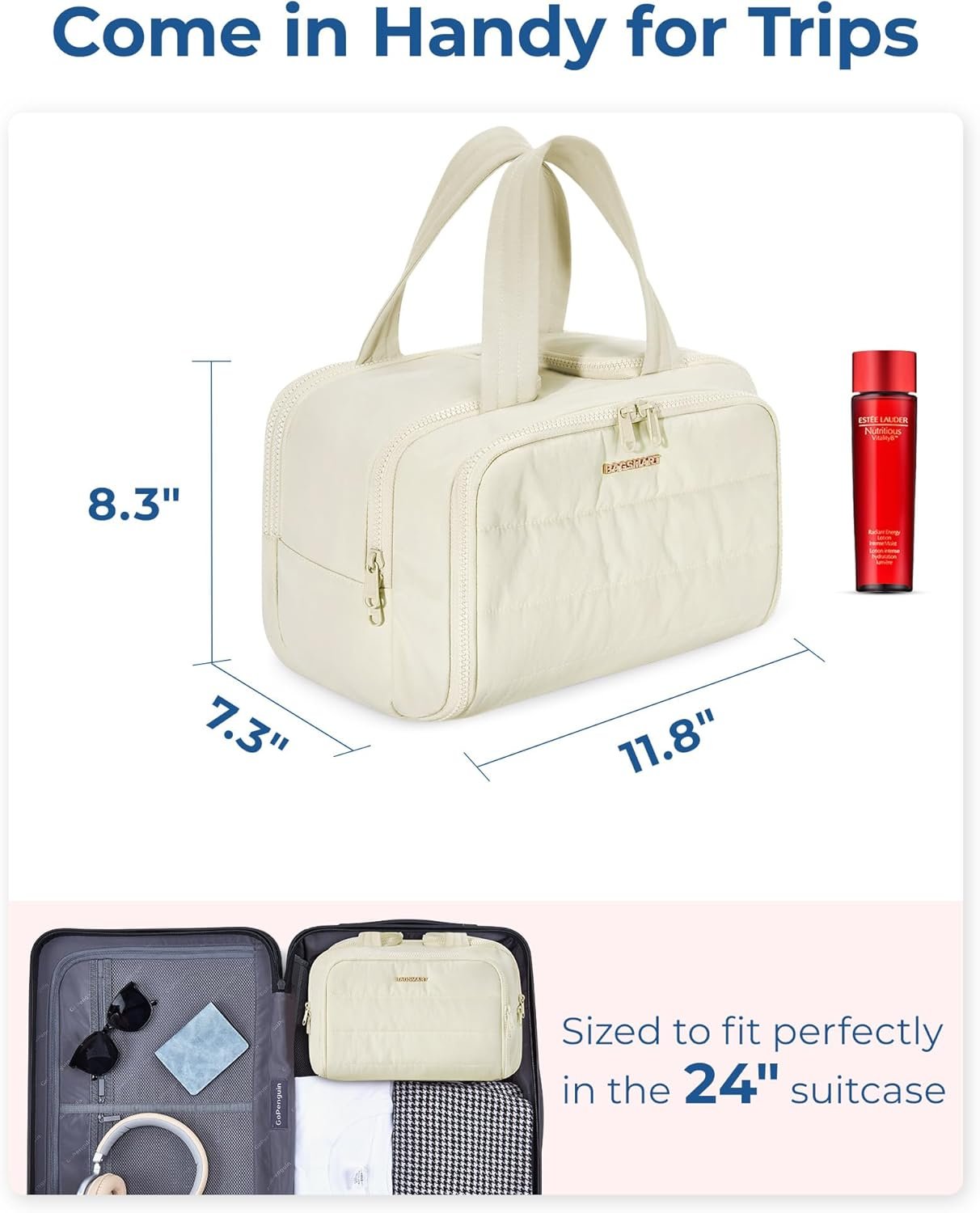TBAGSMART Travel Toiletry Bag, Lightweight Large Wide-open Toiletry Bag for Women, Puffy Cosmetic Makeup Bag Organizer with Handle for Accessories,Essentials, Toiletrie, Grayish Brown, Large, Puffy