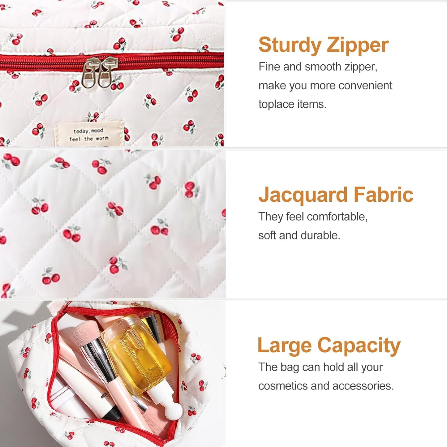 TOPALL Women's Travel Beauty Case, Large Cosmetic Bag for Travel, Make-Up Bag for Women, Updated Cotton Leather, Toiletry Makeup Bag Organizer, 2-Red Cherry (Large+Medium+Pouch)