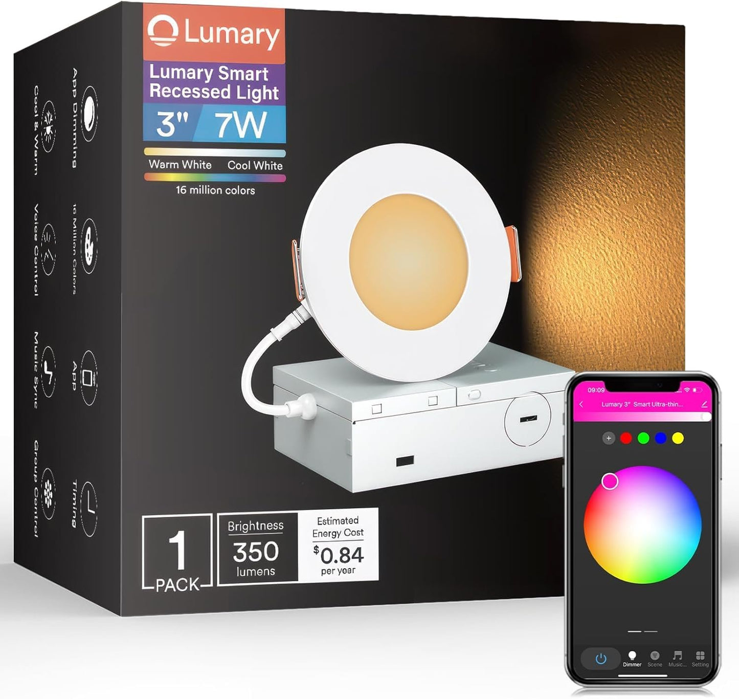 Lumary 3 Inch Smart Recessed Lighting WiFi Bluetooth Smart LED Recessed Lights 7W 350LM LED Wafer Downlight with Junction Box Compatible with Alexa/Google Assistant(1 Pack)