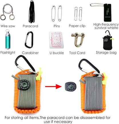 Camp Survival Kit | Survival Gear Equipment Tools - Hunting Fishing includes Saw, Paracord, Pin, Return Pin, Hiking Buckle Etc Shwing