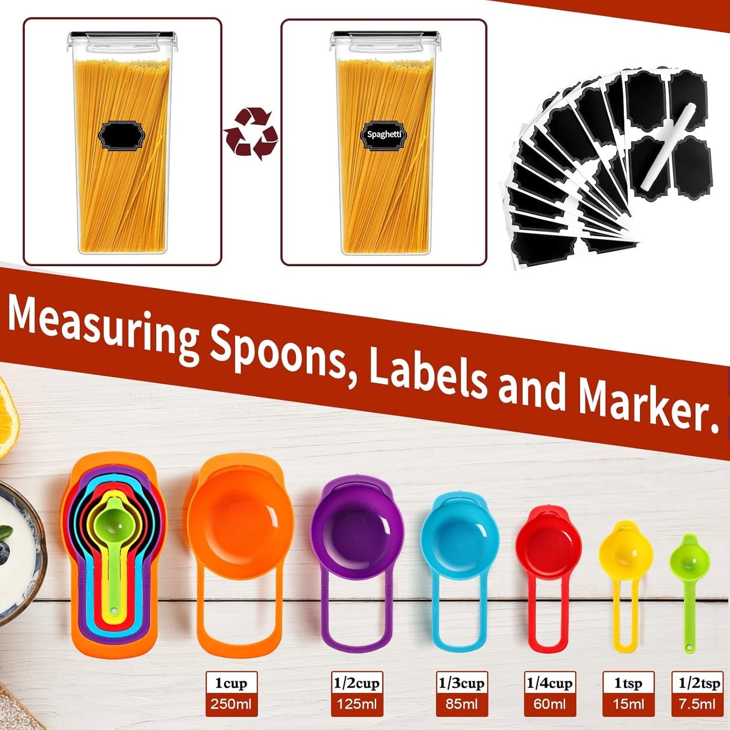 PRAKI 30 Pack Airtight Food Storage Containers for Kitchen Pantry Organizers and Storage, BPA-Free, Plastic Storage Canisters with Lids-Cereal, Flour and Sugar, Include 40 Labels, 6 Spoon & Marker