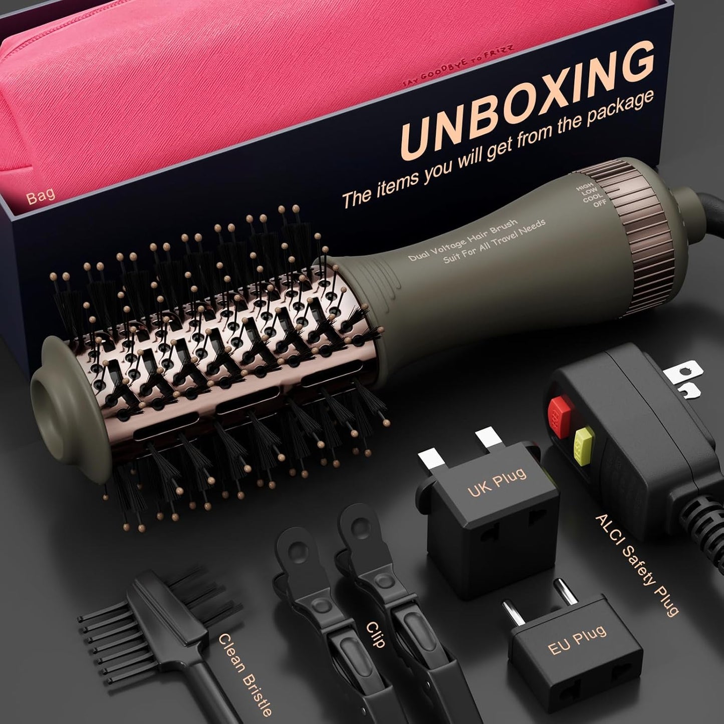 Travel Dual Voltage Blow Hair Dryer Brush 4-IN-1 Portable Mini Hot Air Dryer Straightener & Curler Brush, Titanium Round Blowout Styler Volumizer Tools, 110/240V US/EU/UK Plug for International Travel