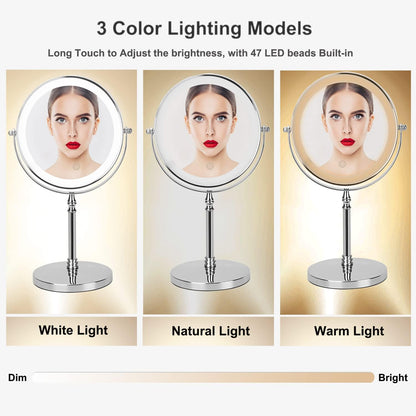 Rechargeable 8 Inch Lighted Makeup Mirror with 3 Color Lighting Modes Magnified Double Sided 10x Magnification LED Vanity Mirror with Dimmable Lights