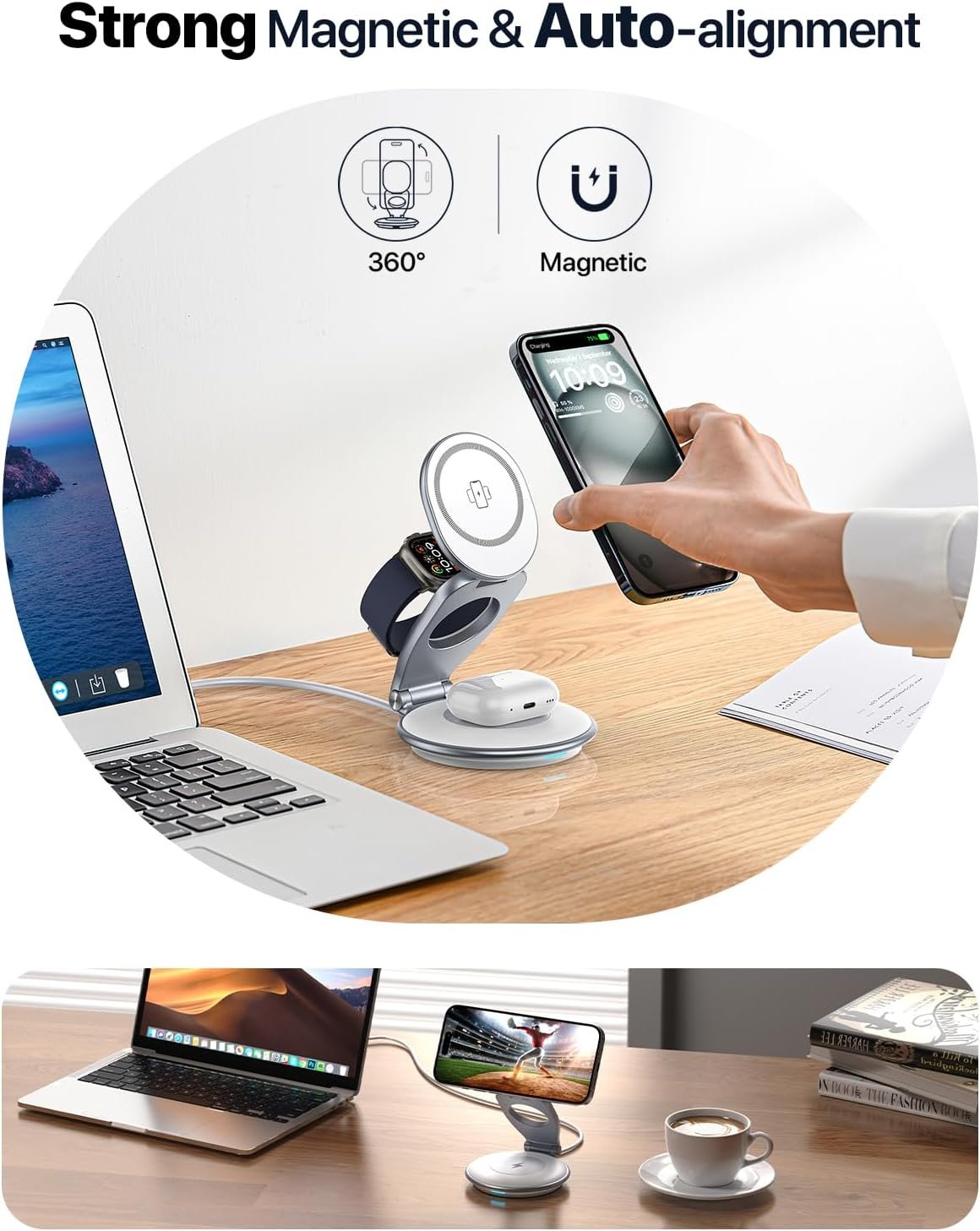 EXW for MagSafe Charger, 3 in 1 Wireless Charging Station for iPhone Charger, 15W Wireless Fast Charger Stand with 30W Adapter for iPhone 16/15/14/13/12 Series, Airpods and Apple Watch Charge (White)
