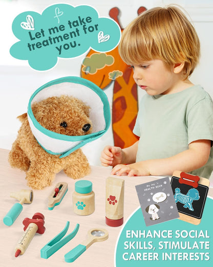 Lehoo Castle Wooden Doctor Kit for Kids, Vet Play Sets for Kids, Veterinarian Kit for Toddlers, Kids Doctors Play Set with Dog Bag, Medical Kits Doctor Toys Gift for Kids Boys Girls Aged 3 4 5 6 7