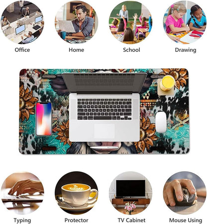 Cow Sunflowers Large Mouse Pad, PU Leather Desk Pad Protector, Non-Slip Computer Desk Writing Mat, Gaming Keyboard Mouse Pad, Office Desk Accessories