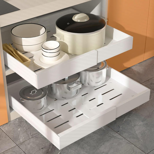Pull Out Cabinet Organizer 2 PCS, 21" Deep, Expandable(12.4"-20.4") Slide Out Drawers for Kitchen Cabinets Fixed with Adhesive Film for Pots,Pans,Heavy Duty Slide Out Cabinet Organizer and Storage