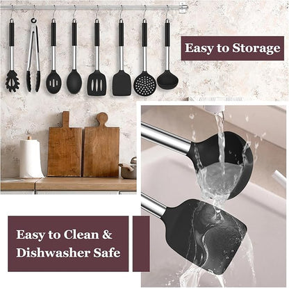 TeamFar Kitchen Utensils Set of 8, Silicone Utensils Kitchen Tools Set with Stainless Steel Handle, for Frying Serving Flipping Draining, Non-toxic & Heatproof, Nonstick & Dishwasher Safe - Black