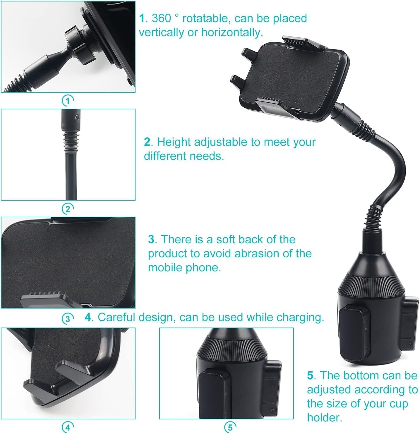 DBREAKS Universal Car Cup Holder, 360° Rotated Mobile Phone Car Black with 8.5 cm Neck Flexible and Adjustable for iPhone, Smartphone and Phone