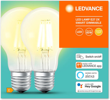 Ledvance Smart LED Lamp with Bluetooth Mesh, also controllable with Alexa and Google Assistant, replaces traditional 60W lamps, warm white (2700K), Smart Dimmable, 2 Pack