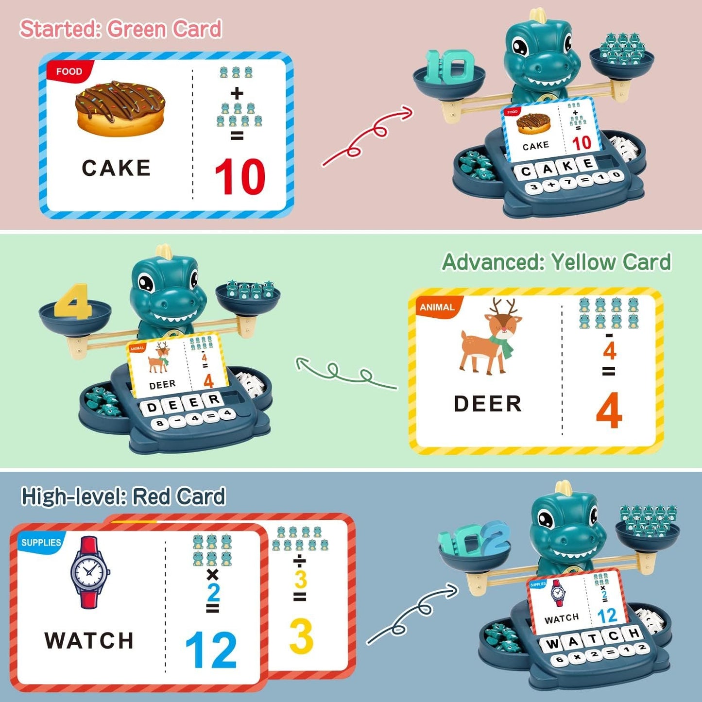 Qizebaby Kids Learning Toy Set for 3 4 5 6 7 8 Year Olds,Dinosaur Balance Counting Math Toy with Matching Letter Spelling Gamesï¼ŒMath & Cards Learning Preschool Educational Gameï¼ŒGift for Boys Girls