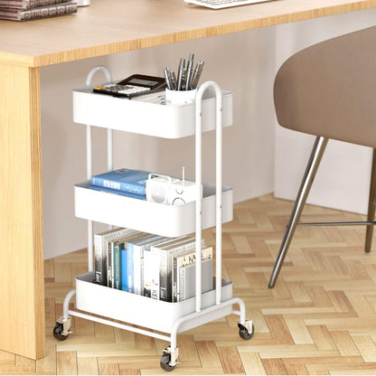Ceayell 3-Tier Metal Rolling Storage Cart Heavy Duty Utility Cart Organizer with Lockable Wheels (WHT)