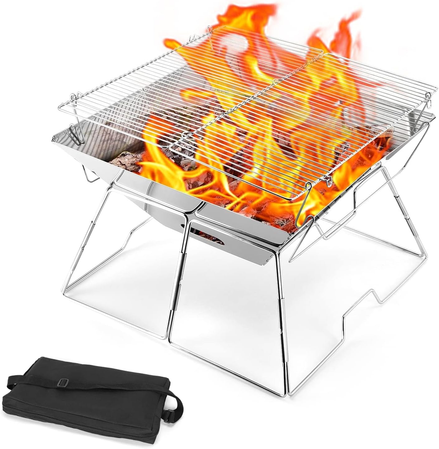 Odoland Collapsible Campfire Grill Camping Fire Pit, 304 Stainless Steel Grill Gate, Portable Camping Grill with Carrying Bag for Outdoor Backpacking Hiking BBQ