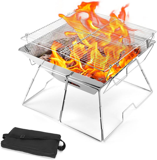 Odoland Collapsible Campfire Grill Camping Fire Pit, 304 Stainless Steel Grill Gate, Portable Camping Grill with Carrying Bag for Outdoor Backpacking Hiking BBQ