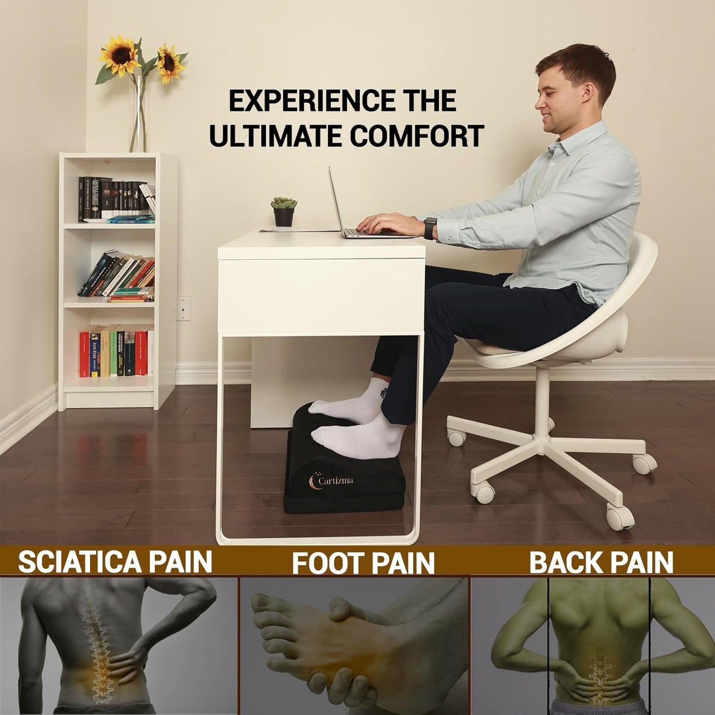 Cartizma Ergonomic Foot Rest for Under Desk at Work - Wavy Shaped for Heel Support, Memory Foam, Anti-Slip, Washable Cover - Office & Gaming Footrest, Back & Leg Pain Relief, Desk Foot Stool (black)
